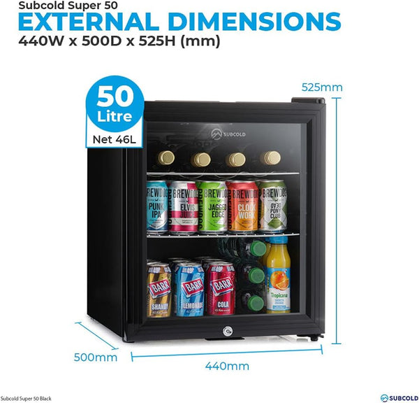 Mini Fridge Black 50L Beer, Wine & Drinks Fridge LED Light + Lock & Key Energy Efficient