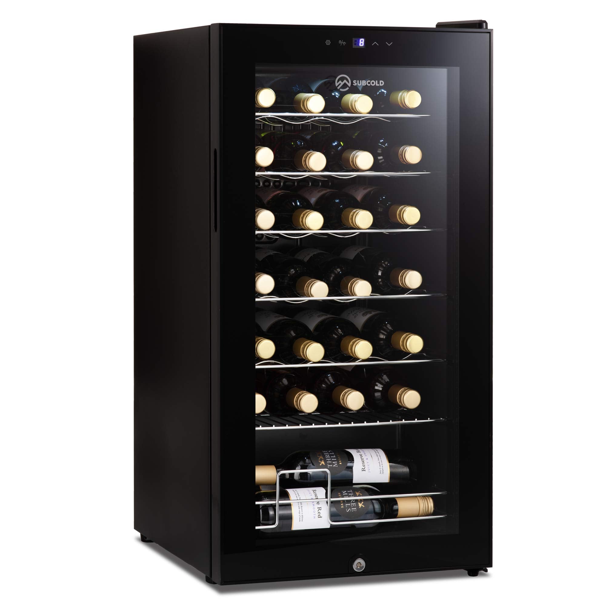 Viva28 LED – Under-Counter Wine Fridge Black | 3-18°C | Wine Cooler | LED + Lock & Key | Glass Door Drinks Cellar | Single-Zone (28 Bottle)