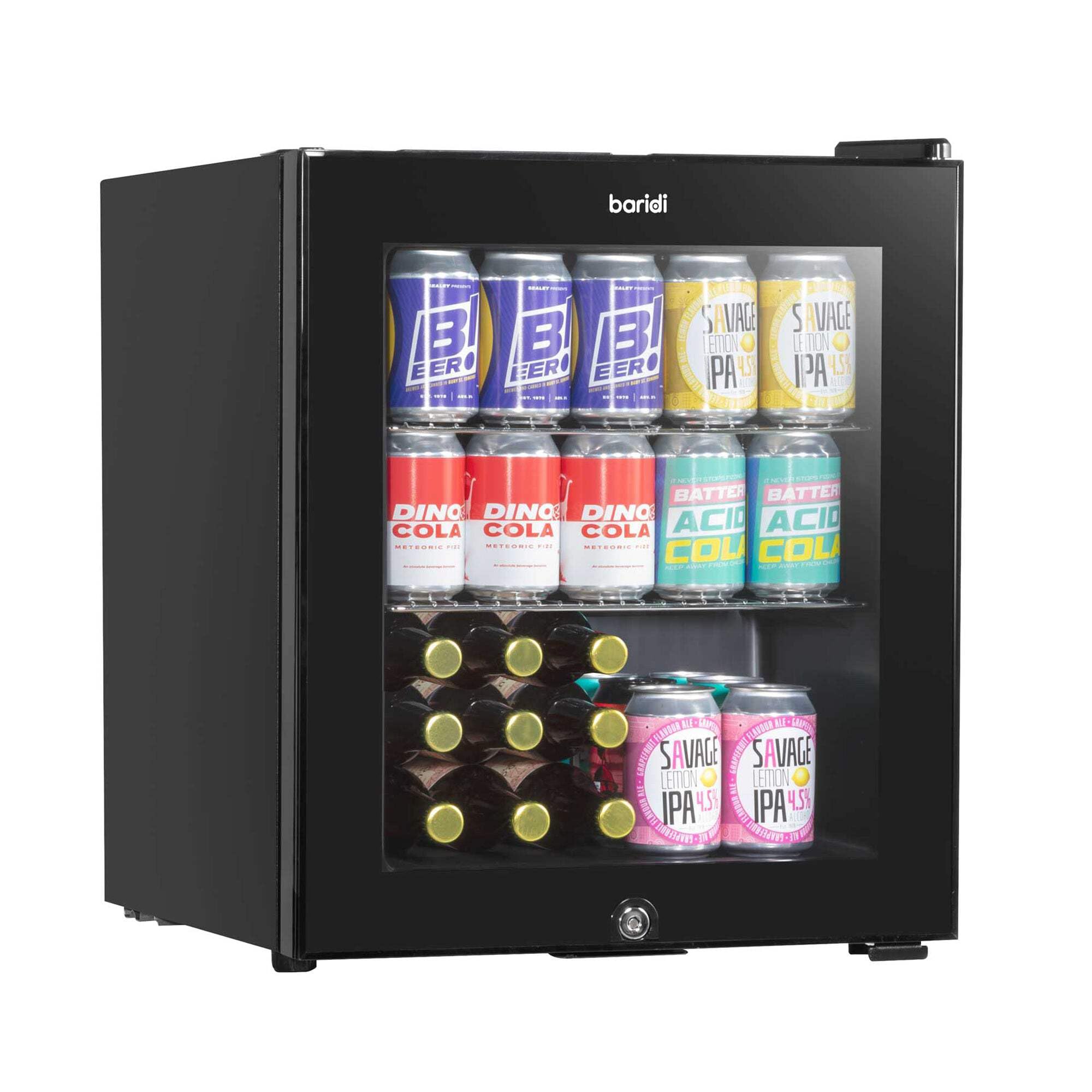 50L Drinks Fridge/Beer & Wine Mini-fridge Cooler Table Top Fridge with LED Light & Reversible Glass Door | Bedroom Mini Bar with Lock & Key, Black - DH12